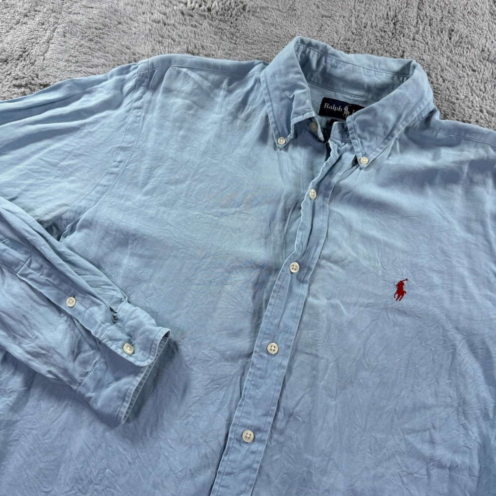 Ralph Lauren Mens Large Classic Fit Linen Silk Button Down Shirt Light Blue L